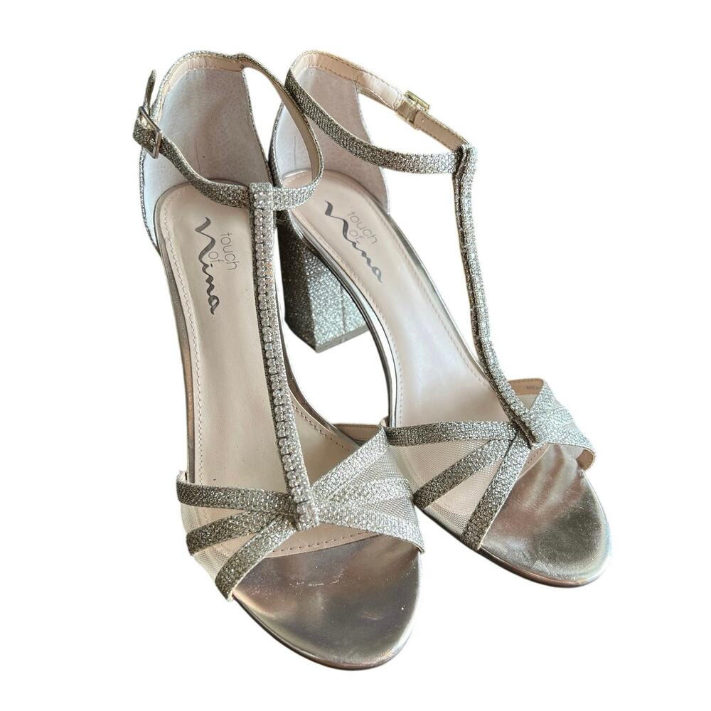 Nina Haviva Silver Sparkly Sandal Block Heel w/ Ankle Strap Rhinestone size 8